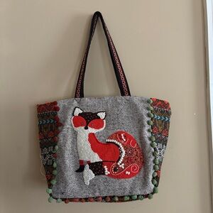 America & Beyond Colorful Beaded Fox Patterned Tote Bag